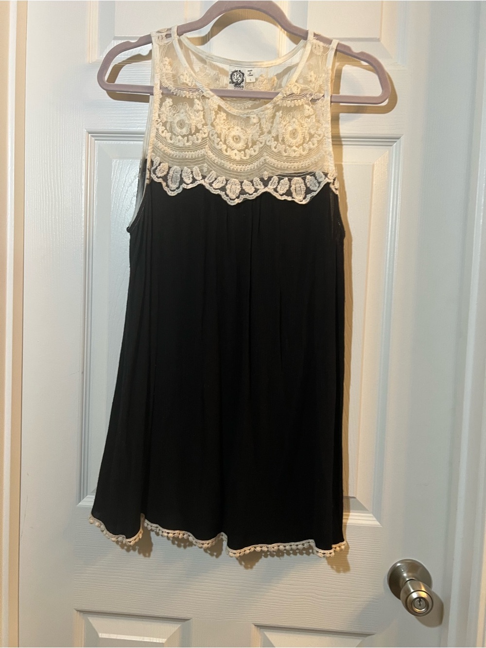 🦋 Black Sun & Moon Mini Dress with Cream Lace Yoke size large